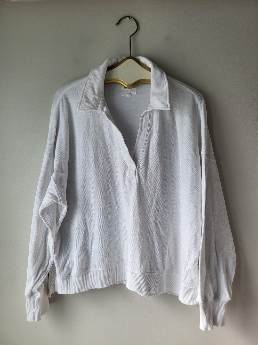 aerie White Collared Long-Sleeve Pullover Sweatshirt